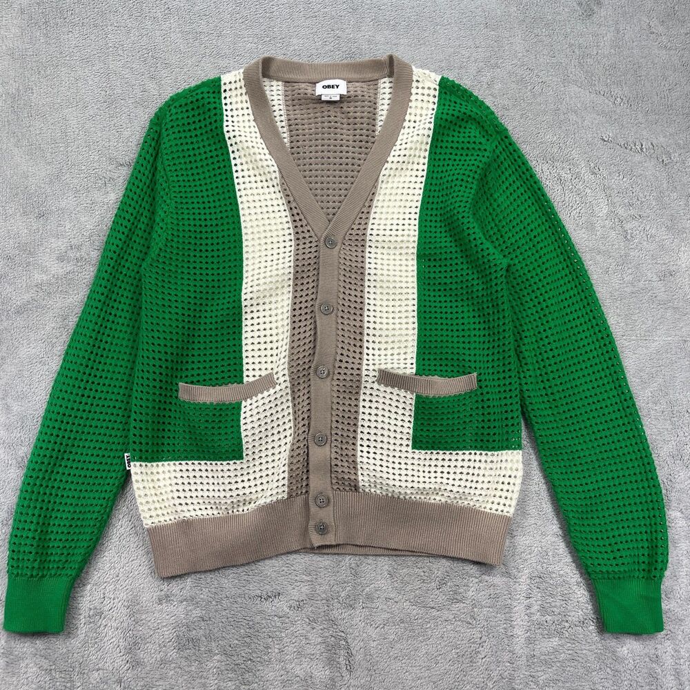 Obey Anderson 60s Cardigan Sweater Men Medium Multicolor Retro Striped Open Knit